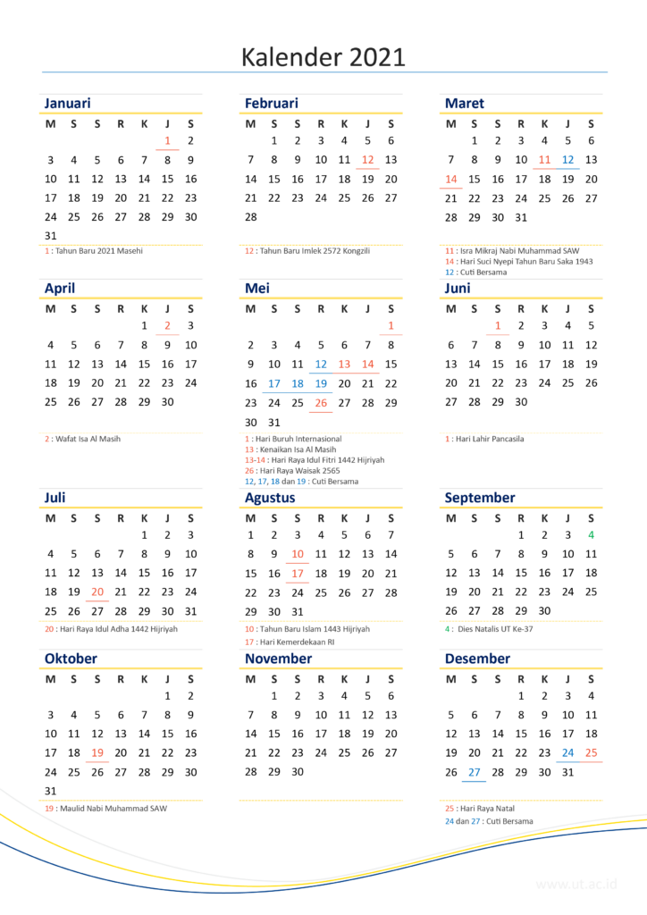 Kalender Masehi tahun 2021 sederhana ukuran satu lembar kertas A4